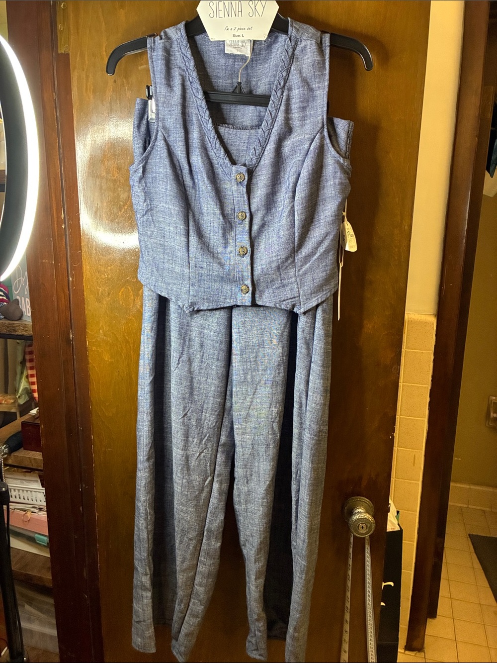 Sienna Sky Chambray-Look Vest and Wide-Leg Pants Set in Denim Blue
